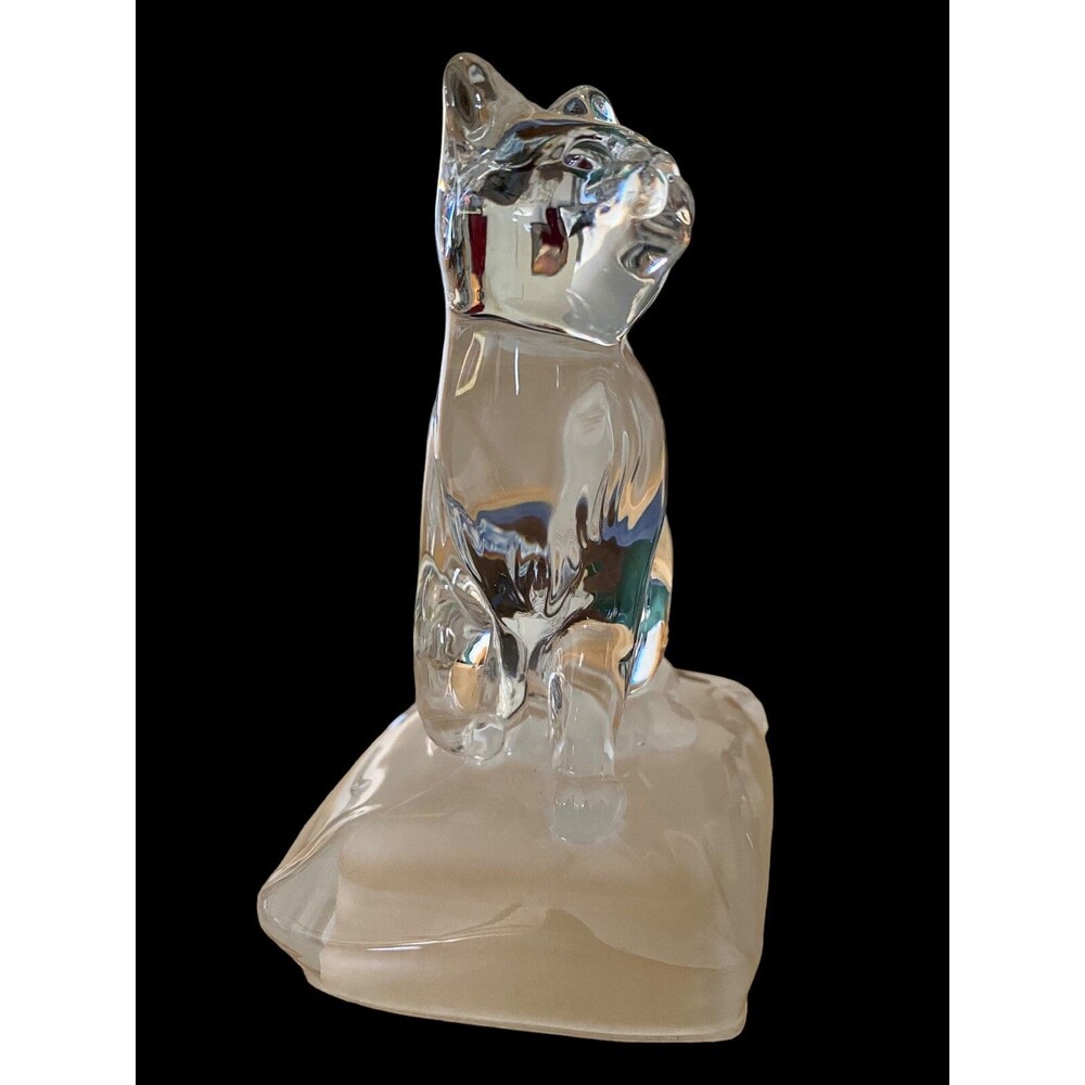 Art Glass Cat Figurine Paperweight Sitting On A Frosted Glass Pillow 5" Clear - Picture 3 of 5